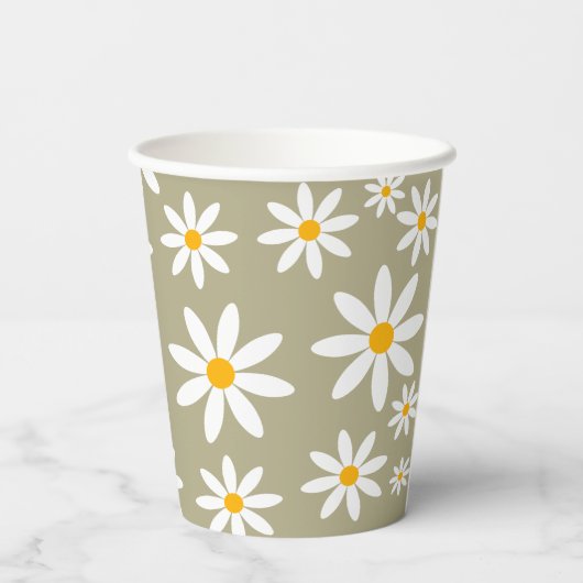 Gobelets En Papier Boho Sage Green Retro Daisies Anniversaire (Verso)