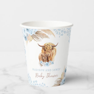 Gobelets En Papier Boho Saint Vache Bleu Pampas Baby shower Garçon en