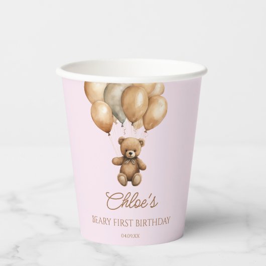 Gobelets En Papier Boho Teddy Bear Beary Première fête d'anniversaire (Recto)
