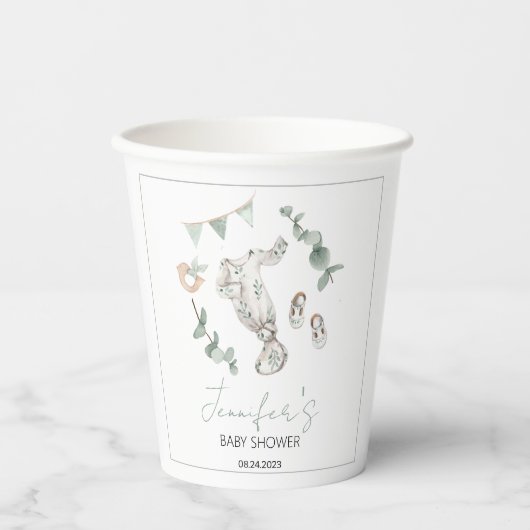 Gobelets En Papier Boho vert Eucalyptus garçon baby shower tasse de p (Recto)