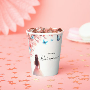 Gobelets En Papier Bois Fille rose cerise fleurs Quinceanera