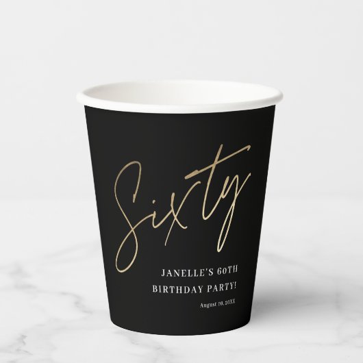 Gobelets En Papier Boisson moderne Black Gold 60th Birthday Party (Recto)