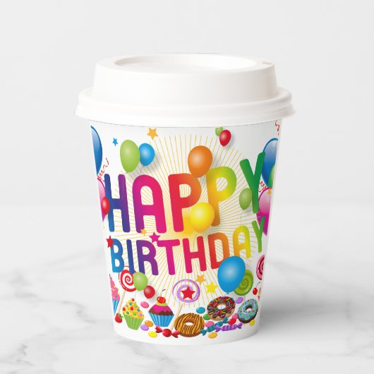 Gobelets En Papier Bonbons et ballons d'anniversaire heureux (Recto)