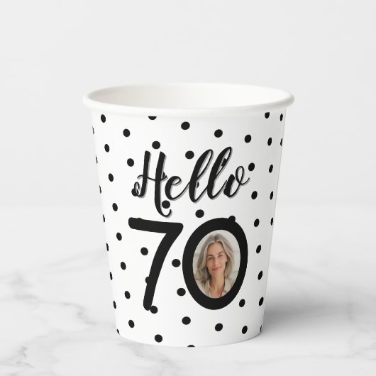 Gobelets En Papier Bonjour 70 points noirs et blancs Photo Anniversai (Verso)