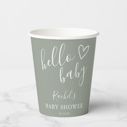 Gobelets En Papier Bonjour Baby shower Genre Neutre Boho Sage Green (Verso)