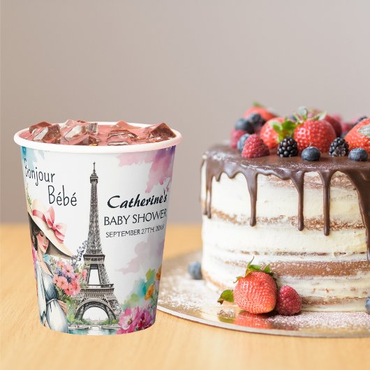 Gobelets En Papier Bonjour Bebe Floral Tour Eiffel Baby shower Paris