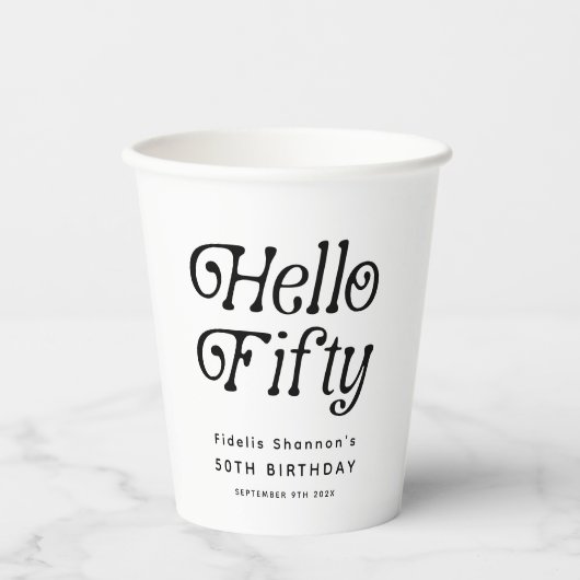 Gobelets En Papier Bonjour Cinquante Retro 50e fête d'anniversaire (Recto)