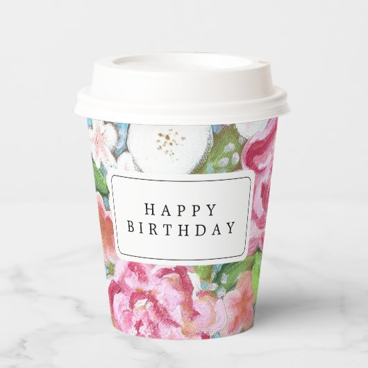 Gobelets En Papier BONJOUR D'ANNIVERSAIRE Rose Floral (Recto)