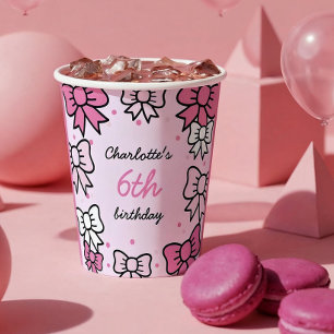 Gobelets En Papier Bonjour Mignonne Dessin Animé Rose Ruban Fête d'An