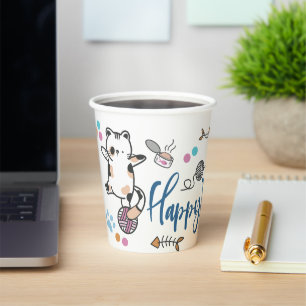 Gobelets En Papier Bonne Année Entre Les Chatons Équilibré Sur Un Fil