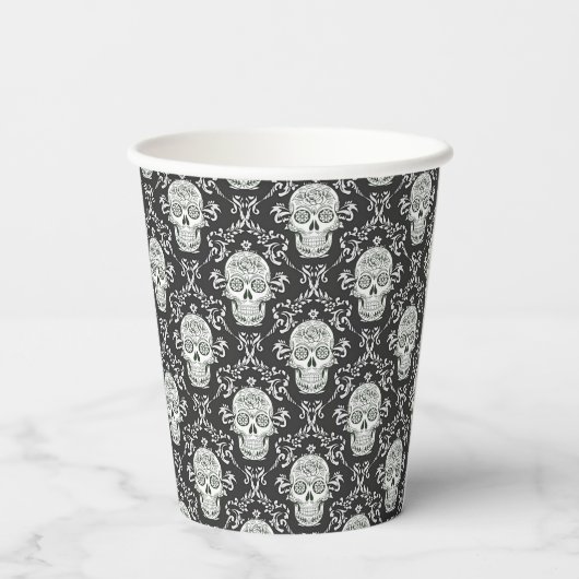 Gobelets En Papier Boo ! Gothique Crâne Damask Papier Coupe (Verso)