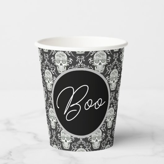 Gobelets En Papier Boo ! Gothique Crâne Damask Papier Coupe (Recto)