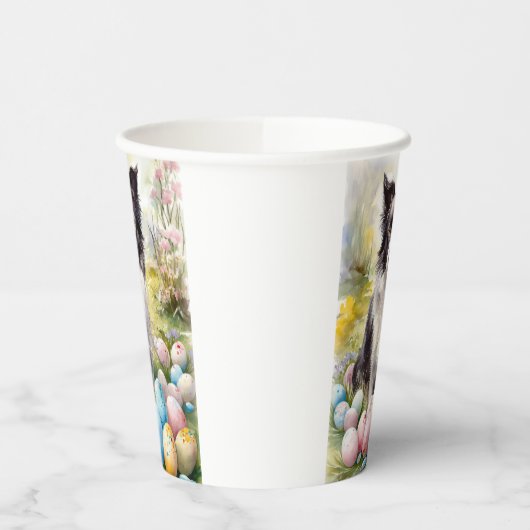 Gobelets En Papier Bordure Collie Chien avec Oeufs de Pâques Fête (Gauche)