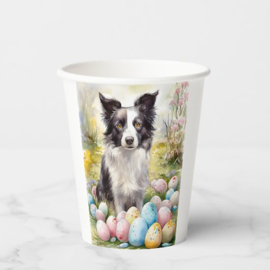Gobelets En Papier Bordure Collie Chien avec Oeufs de Pâques Fête (Recto)