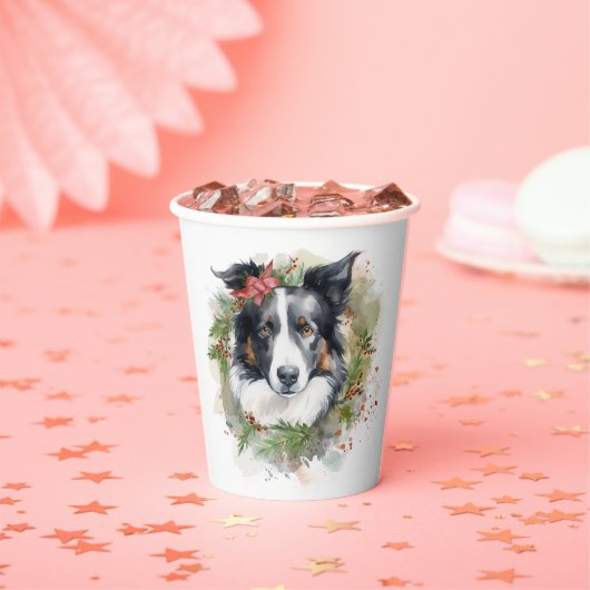 Gobelets En Papier Bordure Collie Fête de Noël Wreath Pup (Insitu)
