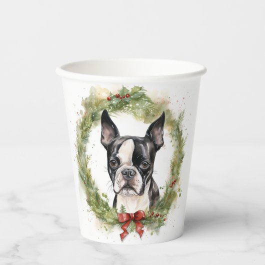 Gobelets En Papier Boston Terrier Noël Wreath Festive Pup (Recto)