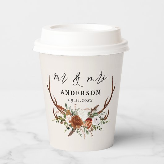 Gobelets En Papier botanique fleurie rustique mariage de cerf personn (Recto)