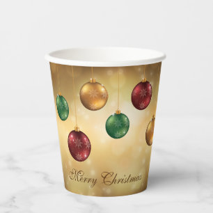 Gobelets En Papier Boules de Noël Colorées sur Fond Bokeh Jaune