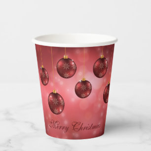 Gobelets En Papier Boules de Noël festives rouges sur fond rouge boke