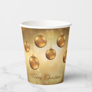 Gobelets En Papier Boules de Noël jaune doré sur fond bokeh jaune
