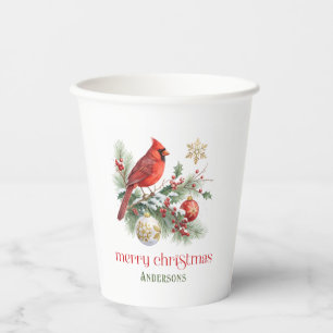 Gobelets En Papier Bouquet de houx de Noël Cardinal Rouge