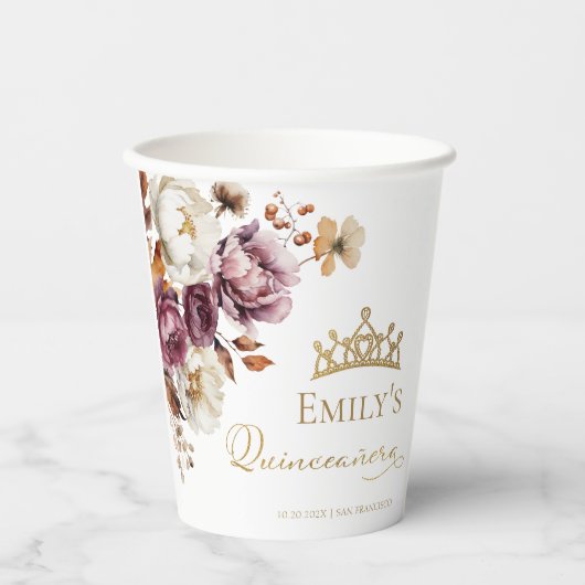 Gobelets En Papier Bourgogne Automne automne Quinceanera Floral (Recto)