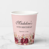 Gobelets En Papier Bourgogne rose Florale femme 50e anniversaire (Recto)