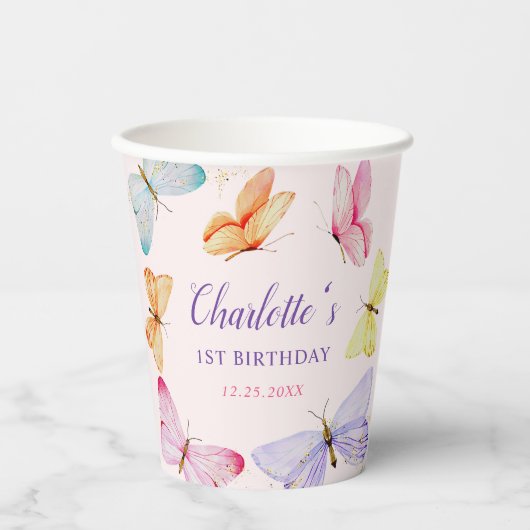 Gobelets En Papier Bouteille d'aquarelle 1er anniversaire (Recto)