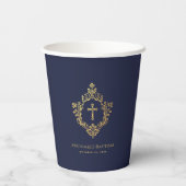Gobelets En Papier Boy Baptism Marine Blue Faux Gold Foil Crest Vinta (Verso)