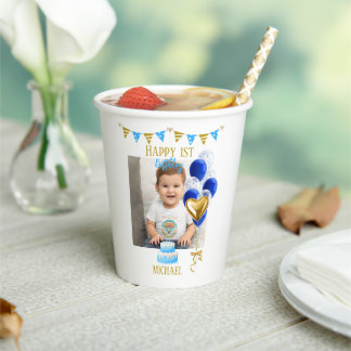 Gobelets En Papier Boy First Birthday Photo Blue Gold Balloon Cute