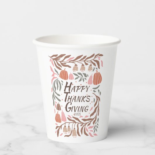 Gobelets En Papier Branches rétro et citrouilles tombent Thanksgiving (Recto)