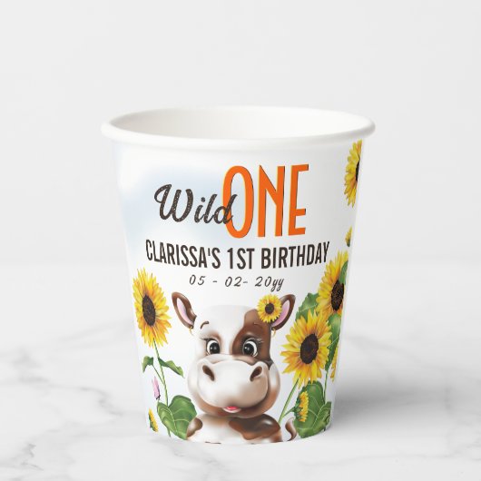Gobelets En Papier Brown vache tournesol fille premier anniversaire (Recto)