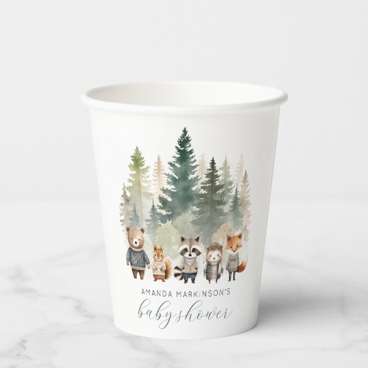 Gobelets En Papier Budget Baby shower d'aquarelle des bois (Verso)