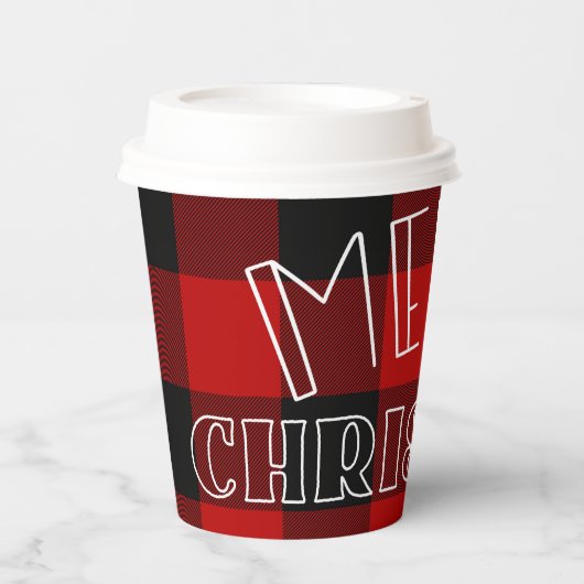 Gobelets En Papier Buffle noir rouge plaqué À damiers Joyeux Noël (Recto)