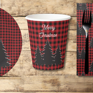 Gobelets En Papier Buffle rouge rustique et noir Plaid Christmas Tree