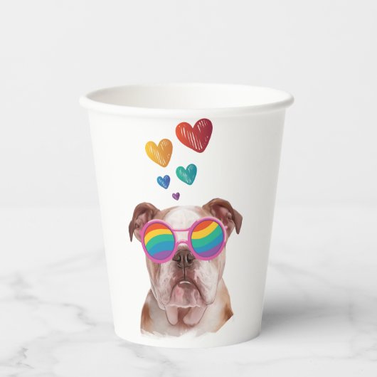 Gobelets En Papier Bulldog anglais avec des coeurs Saint-Valentin (Recto)