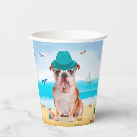 Gobelets En Papier Bulldog anglais sur la plage (Recto)