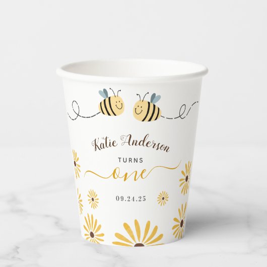 Gobelets En Papier Bumblebebe jaune et tournesol premier anniversaire (Recto)