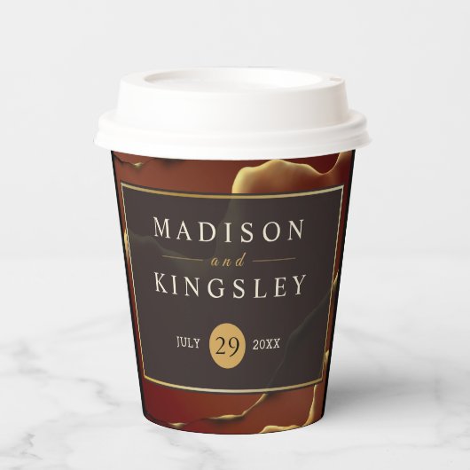 Gobelets En Papier 🤵 Burgundy Gold Elegant Inky Mariage Abstrait (Recto)