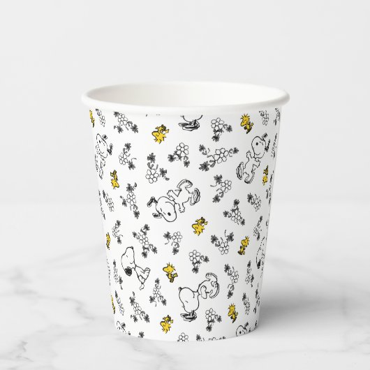 Gobelets En Papier cacahuètes | Snoopy & Woodstock B&W Flower Motif (Verso)