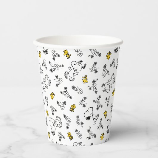 Gobelets En Papier cacahuètes | Snoopy & Woodstock B&W Flower Motif (Recto)