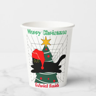Gobelets En Papier cadeaux de Noël de chat, nom personnalisé