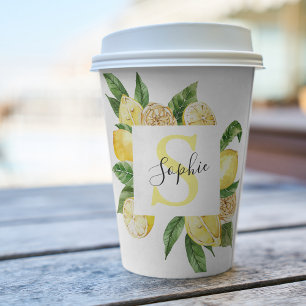 Gobelets En Papier Cadres et Feuilles de citrons jaunes modernes avec