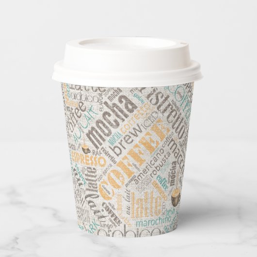 Gobelets En Papier Café sur Burlap Word Cloud Turquoise ID283 (Recto)