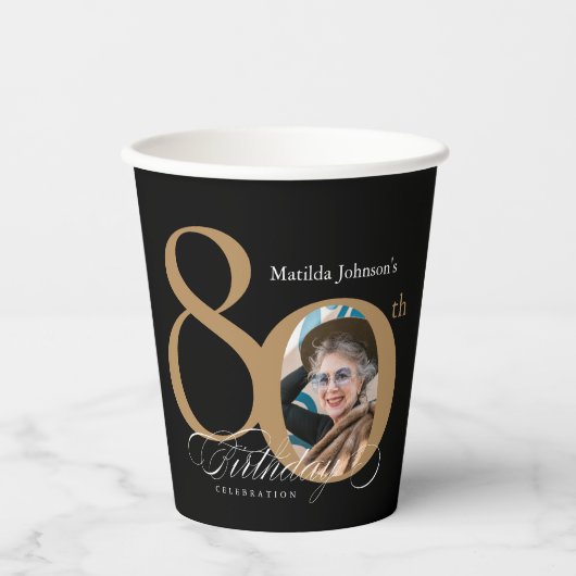 Gobelets En Papier Calligraphie 80e anniversaire Elegant Gold Black P (Recto)