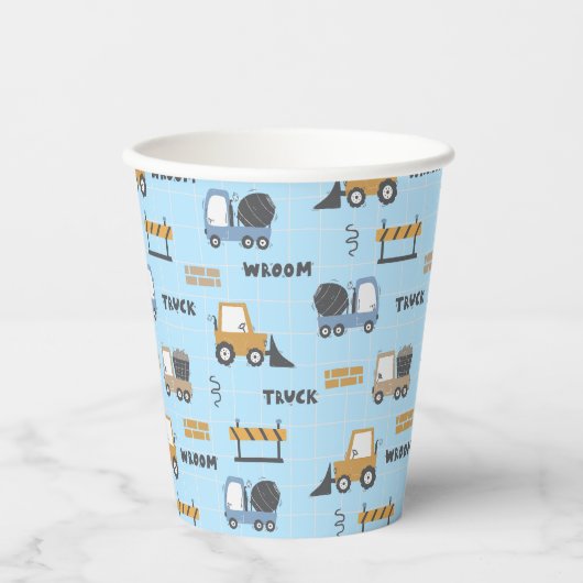 Gobelets En Papier Camions de construction Motif bleu (Recto)