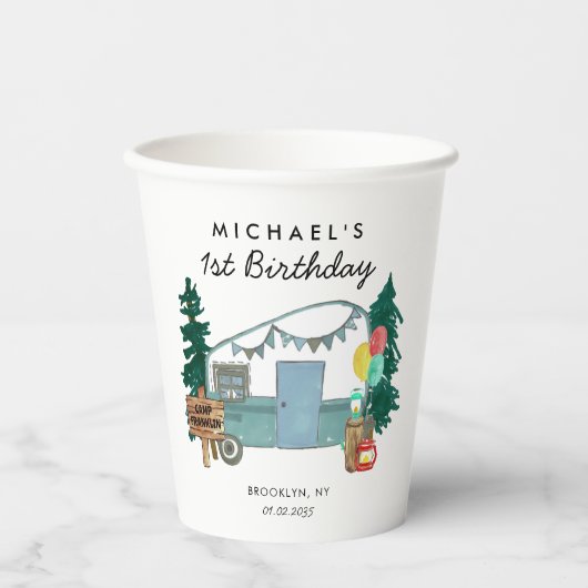 Gobelets En Papier Camper Camper Van Trees Camping 1er anniversaire (Recto)