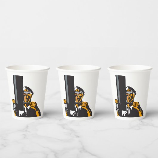 Gobelets En Papier Capitaine de sous-marin nautique utilisant un peri