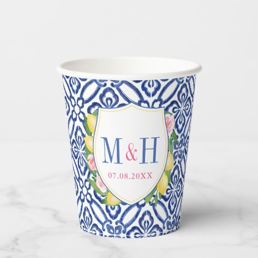 Gobelets En Papier Capri Lemons Bleu Carreaux blancs Mariage Crest Do (Verso)