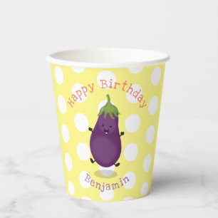 Gobelets En Papier Caricature d'aubergine d'aubergine joliment heureu